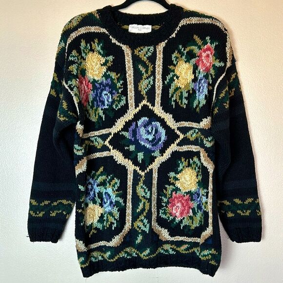 Casual Corner Sweaters - Vintage casual corner & co floral sweater size large L 80s 90s chunky oversized